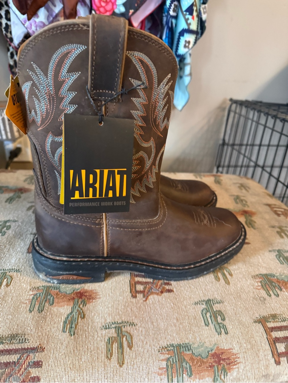 Ariat Brown Leather Western Work Boots with Turquoise Stitching